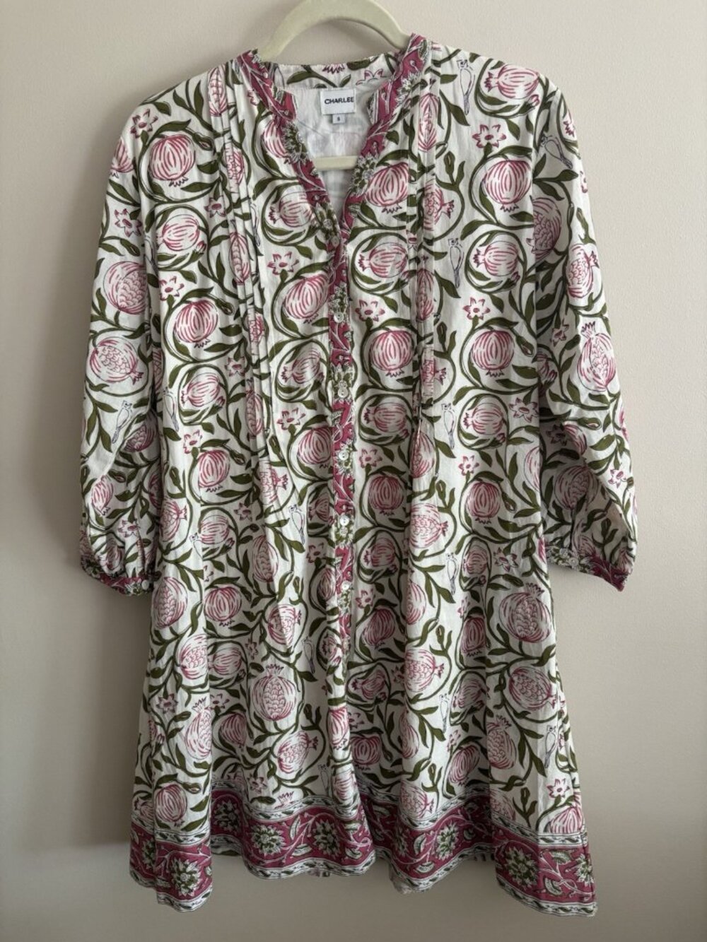 Charlee 100% Cotton Boho Fruit Pomegranate Mini Dress Long Sleeve Small Summer